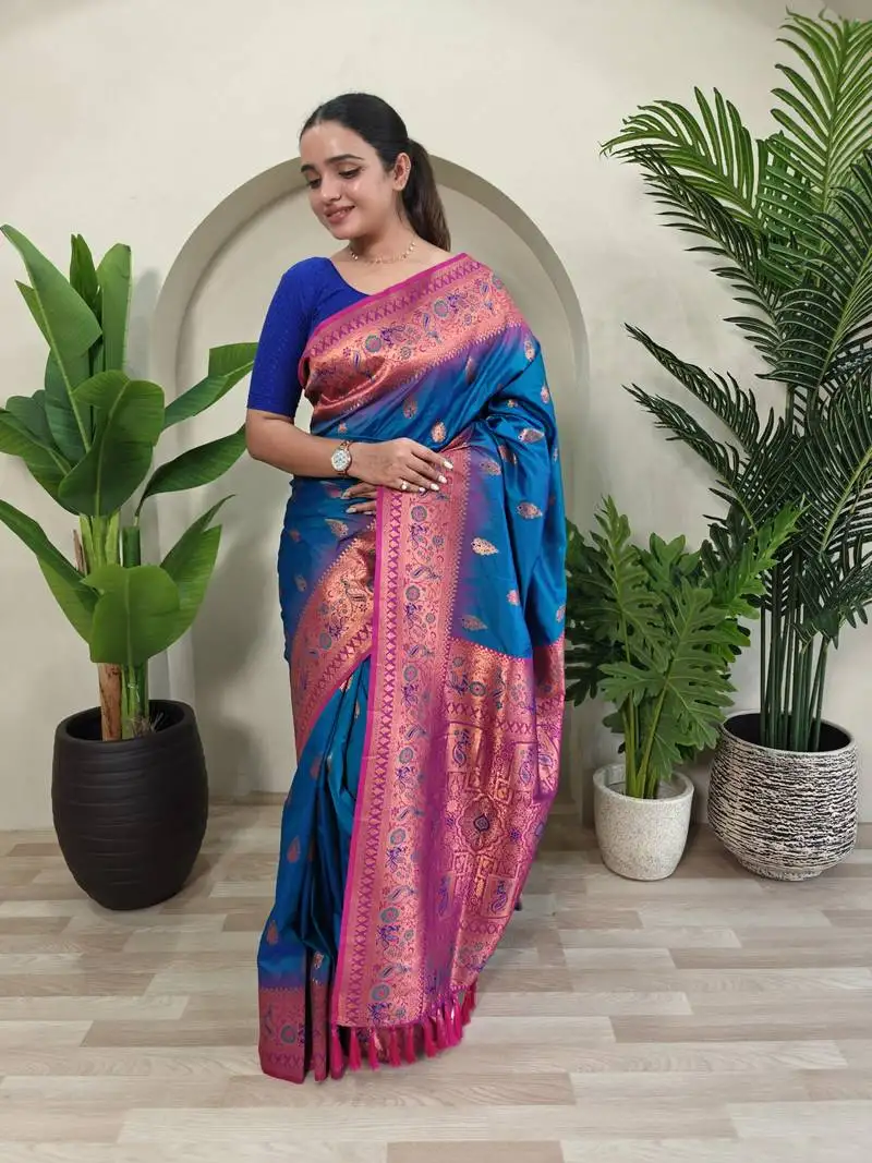 Teal blue soft paithani silk blend saree with zari weaving meenakari design