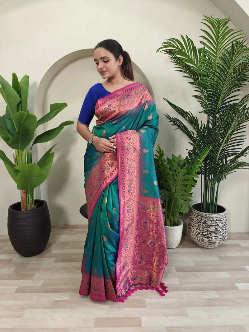 Sea green soft paithani silk blend saree with zari weaving meenakari design