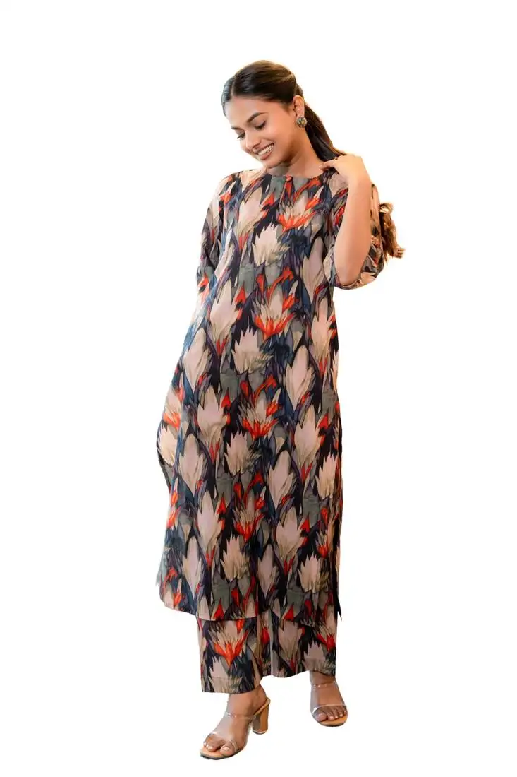 Notched neck printed cotton kurta set