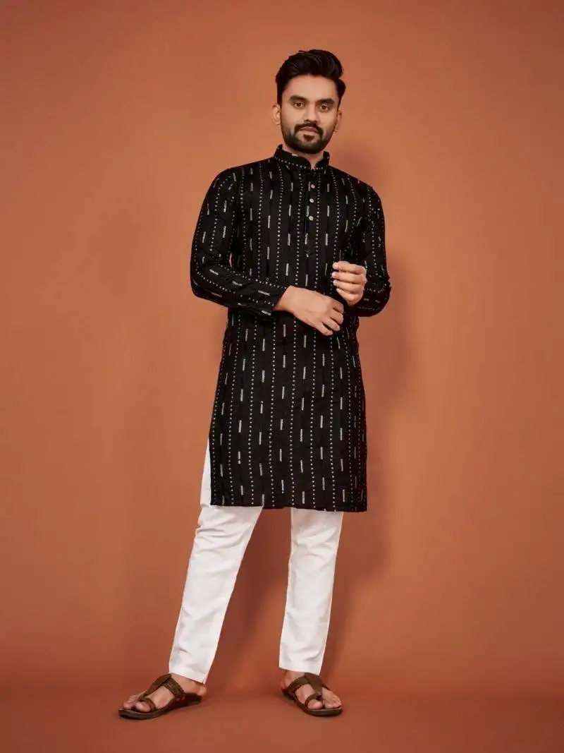 Black soft cotton embroidery sequance work kurta pajama set