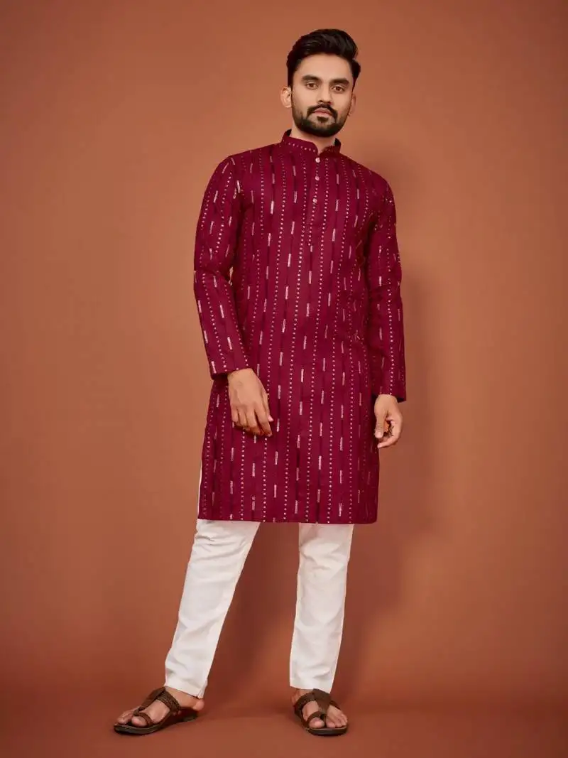 Maroon soft cotton embroidery sequance work kurta pajama set