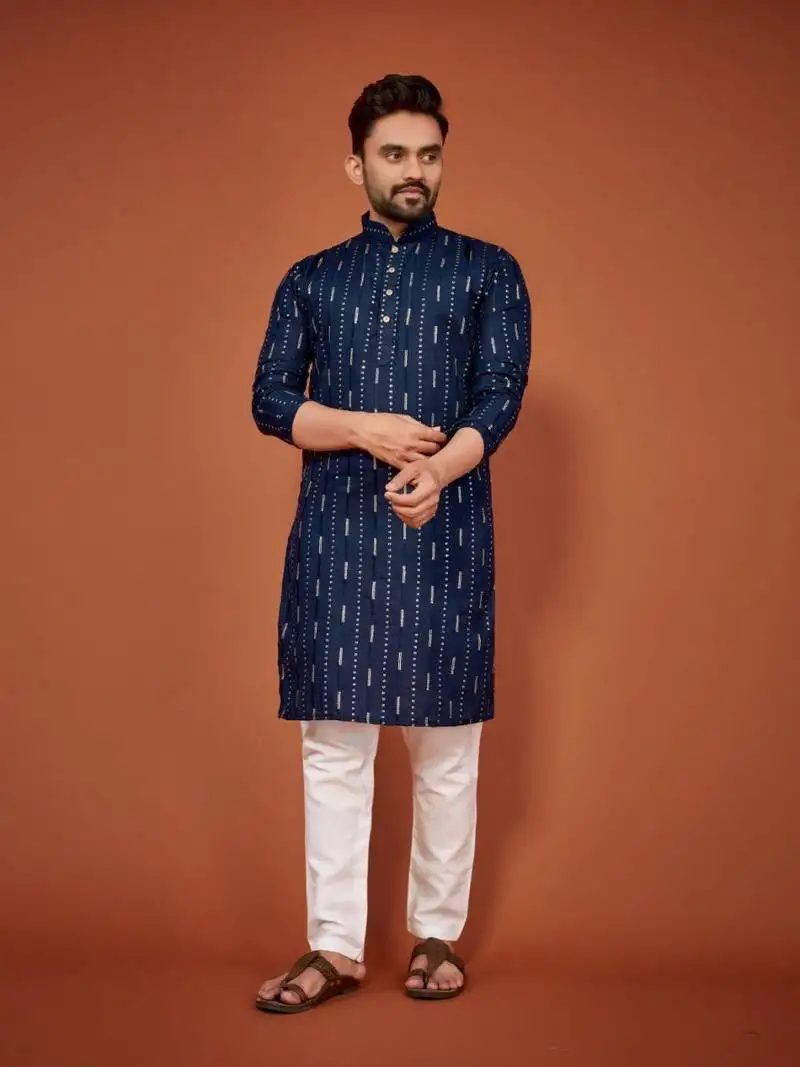 Navy blue soft cotton embroidery sequance work kurta pajama set