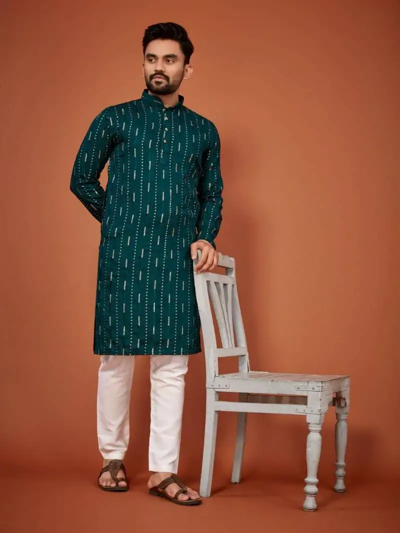 Teal soft cotton embroidery sequance work kurta pajama set