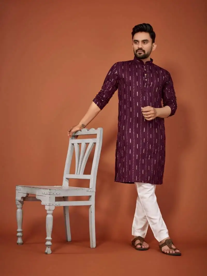 Wine soft cotton embroidery sequance work kurta pajama set