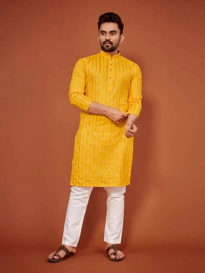 Yellow soft cotton embroidery sequance work kurta pajama set