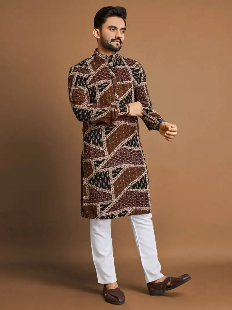 Brown soft cotton foil printed with ethnic motif design kurta pajama set