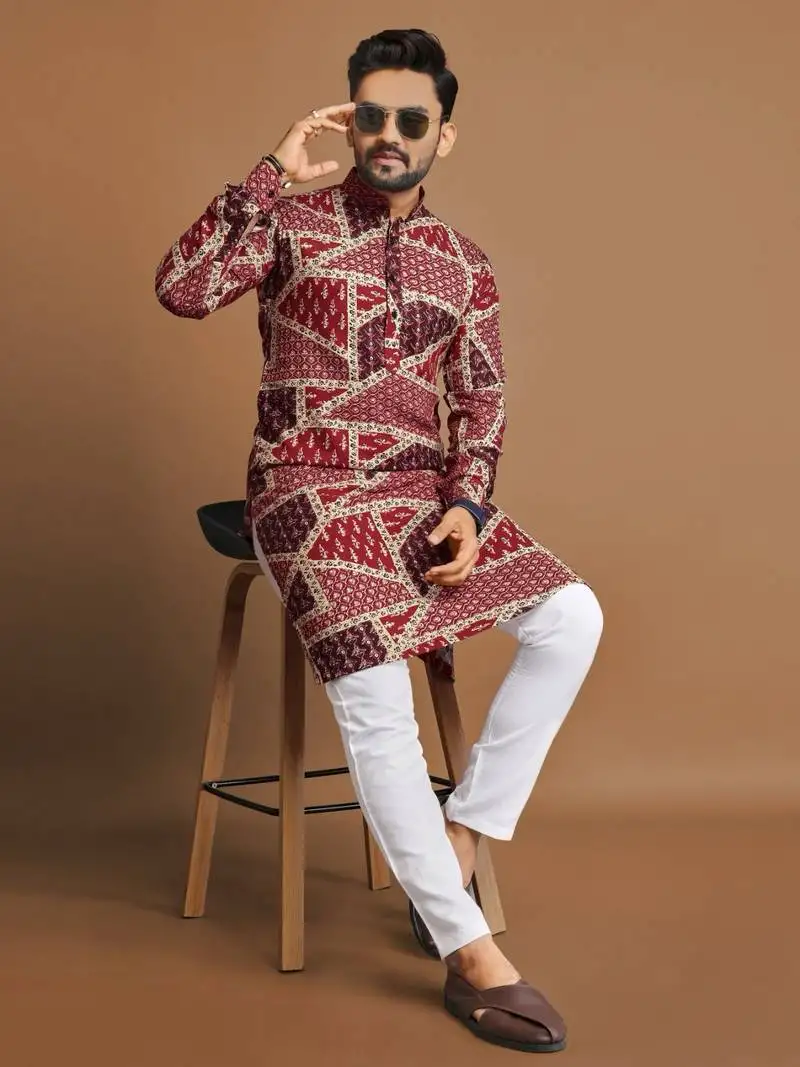 Maroon soft cotton foil printed with ethnic motif design kurta pajama set