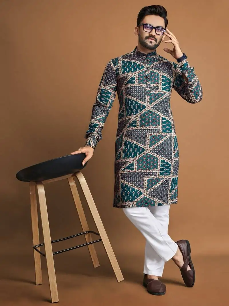 Teal soft cotton foil printed with ethnic motif design kurta pajama set