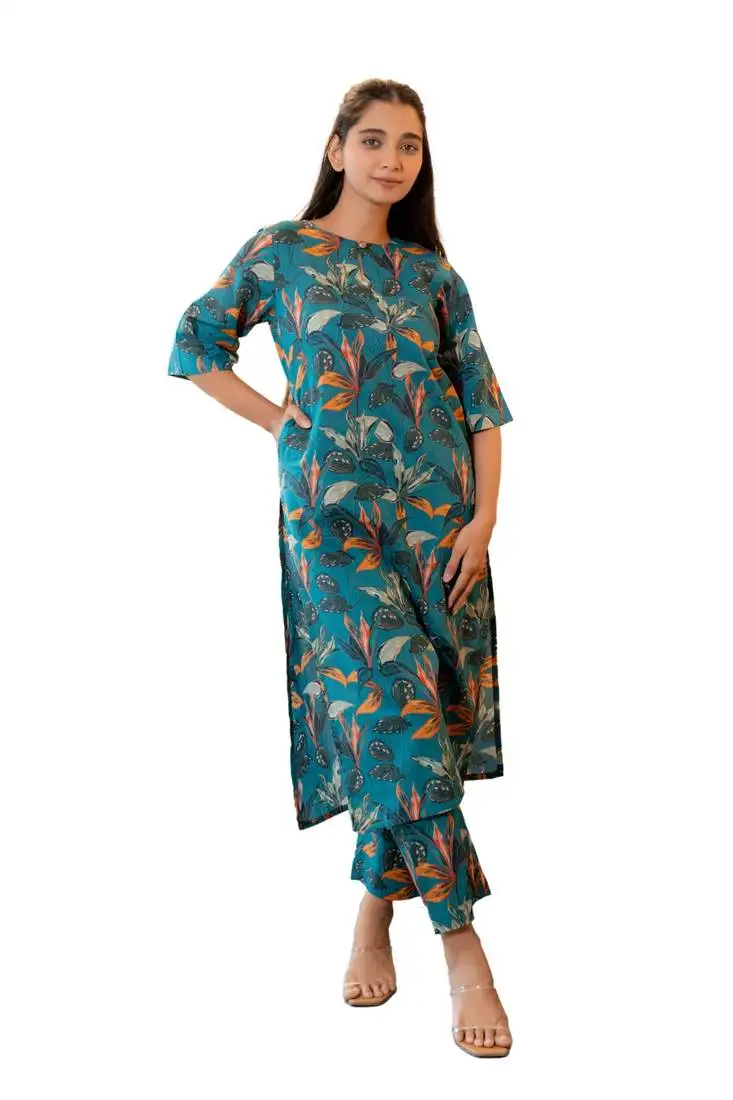 Notched neck printed teal cotton kurta set