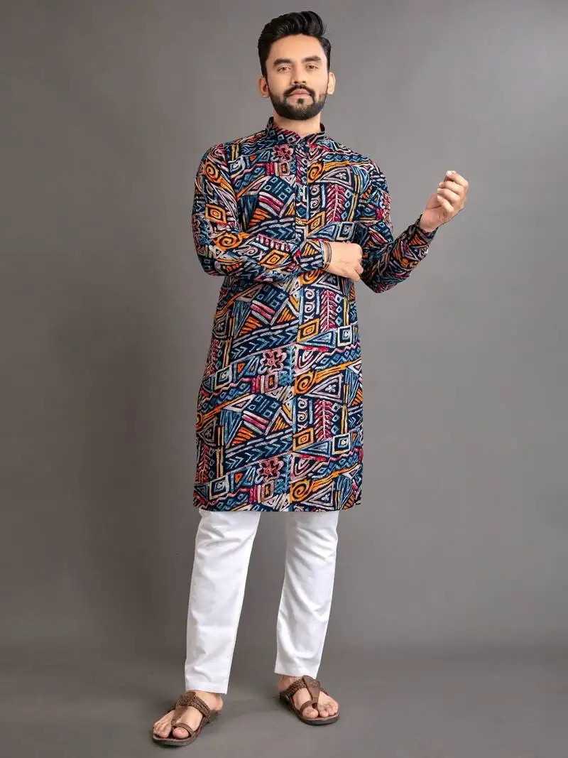 Blue soft cotton foil printed with ethnic motif design kurta pajama set