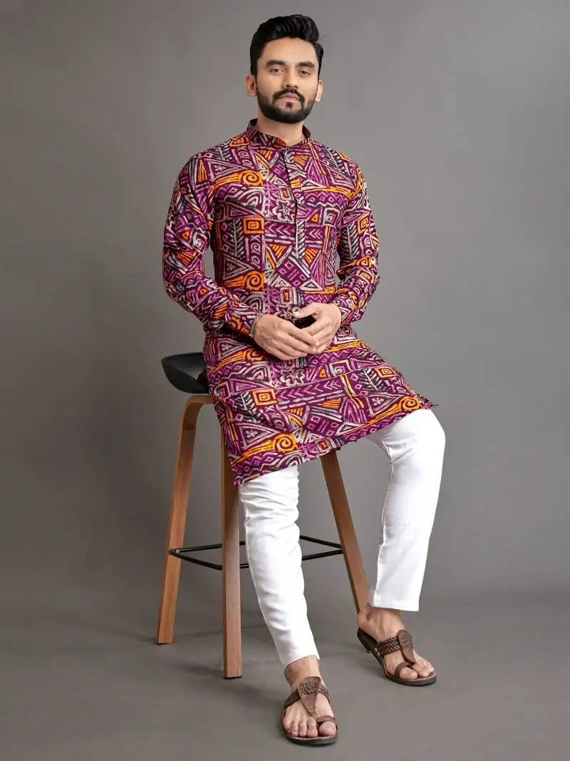 Purple soft cotton foil printed with ethnic motif design kurta pajama set