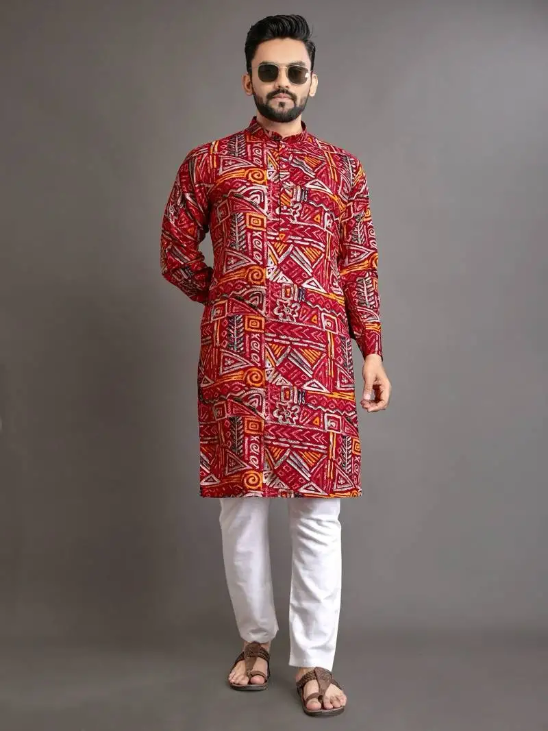Red soft cotton foil printed with ethnic motif design kurta pajama set