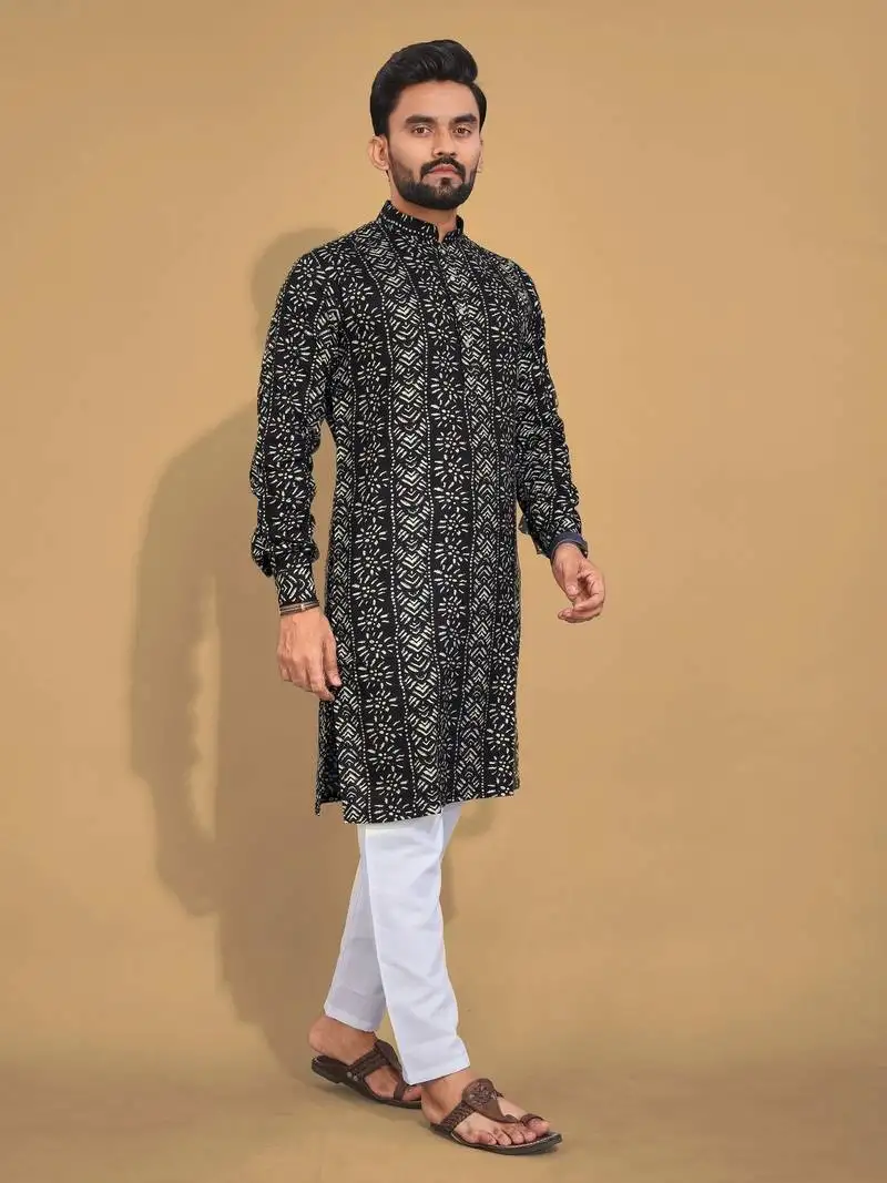 Black soft cotton foil printed with ethnic motif design kurta pajama set