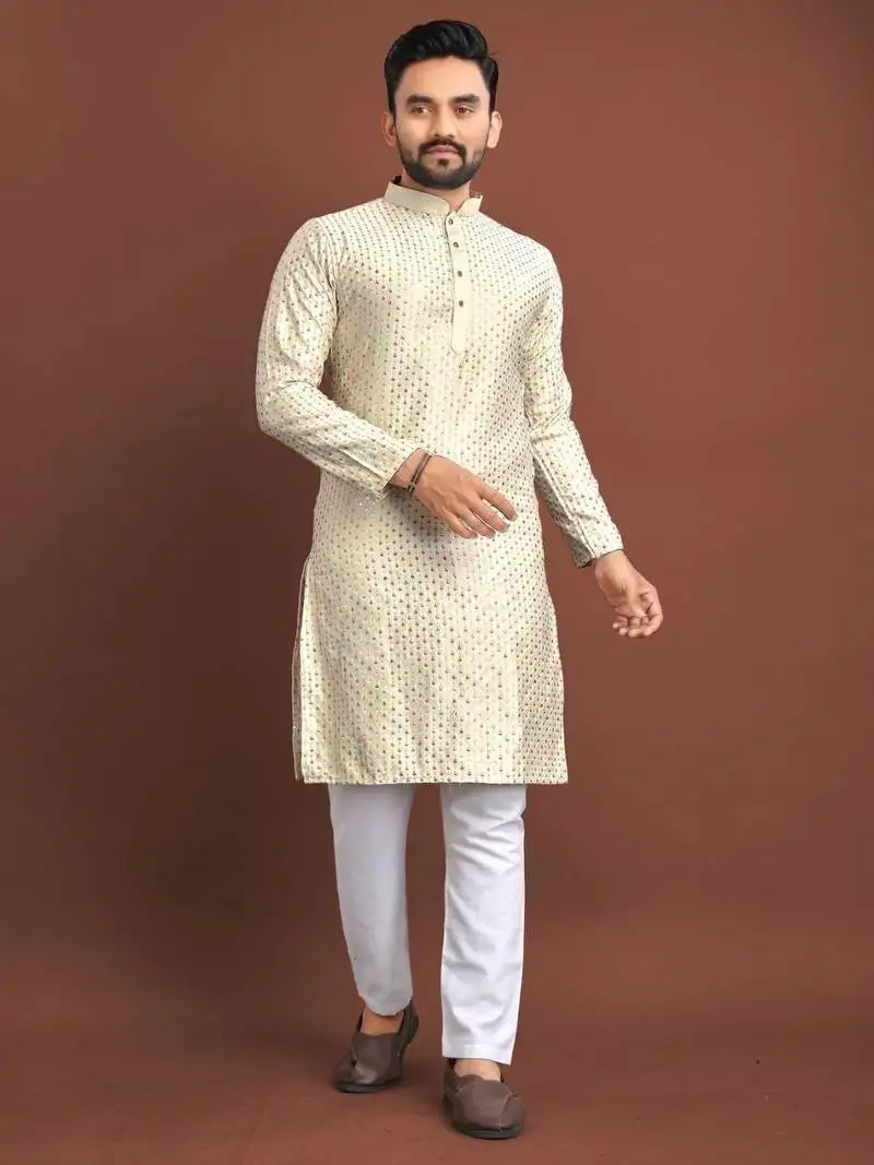 Cream silk embroidered sqeuence work kurta pajama set