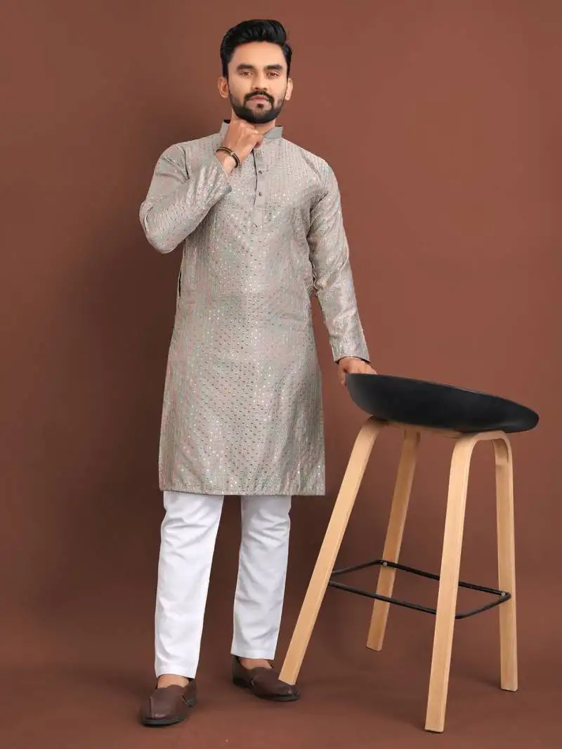 Grey silk embroidered sqeuence work kurta pajama set