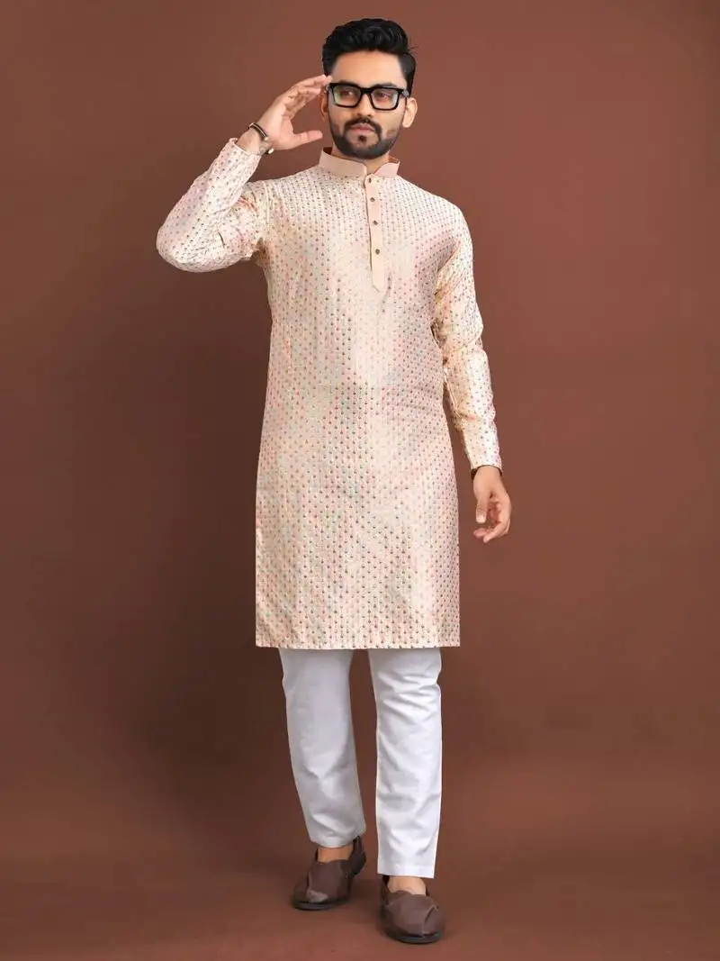Peach silk embroidered sqeuence work kurta pajama set