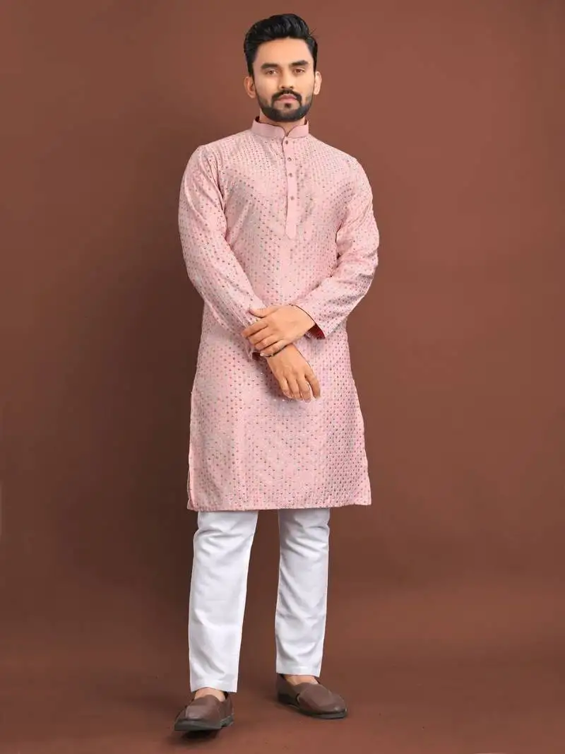 Pink silk embroidered sqeuence work kurta pajama set