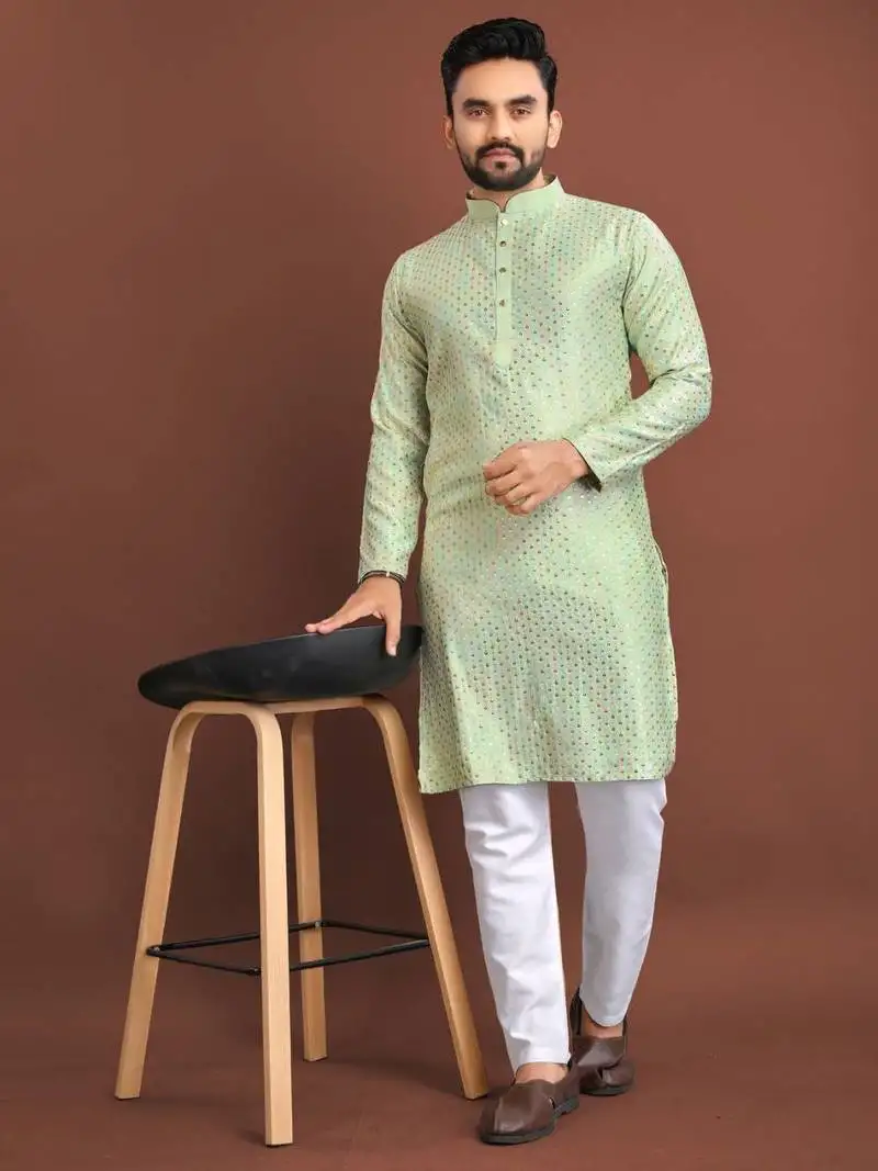 Pista silk embroidered sqeuence work kurta pajama set