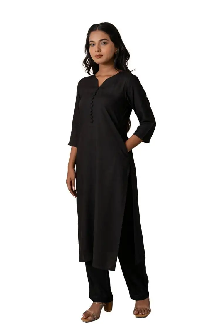 Black notched neck kurta set