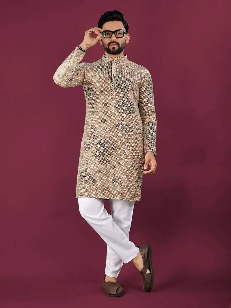 Brown viscose rayon chikankari lucknowi embroidered work kurta pajama set