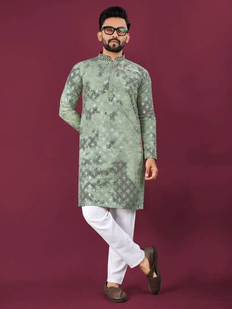 Green viscose rayon chikankari lucknowi embroidered work kurta pajama set
