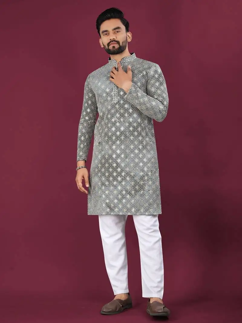 Grey viscose rayon chikankari lucknowi embroidered work kurta pajama set