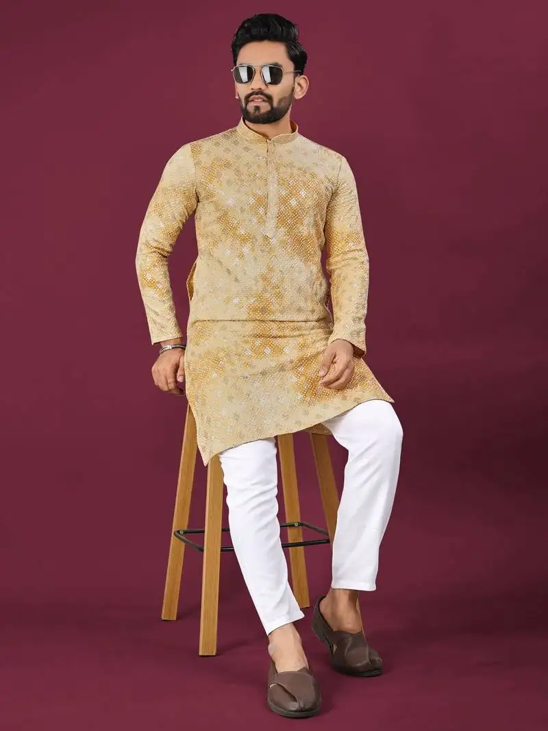 Mustard viscose rayon chikankari lucknowi embroidered work kurta pajama set
