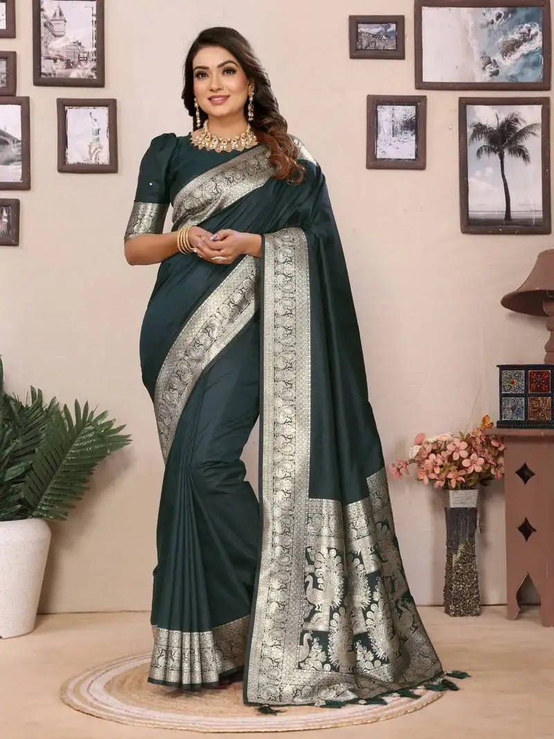 Black banarasi silk blend saree with weaving work