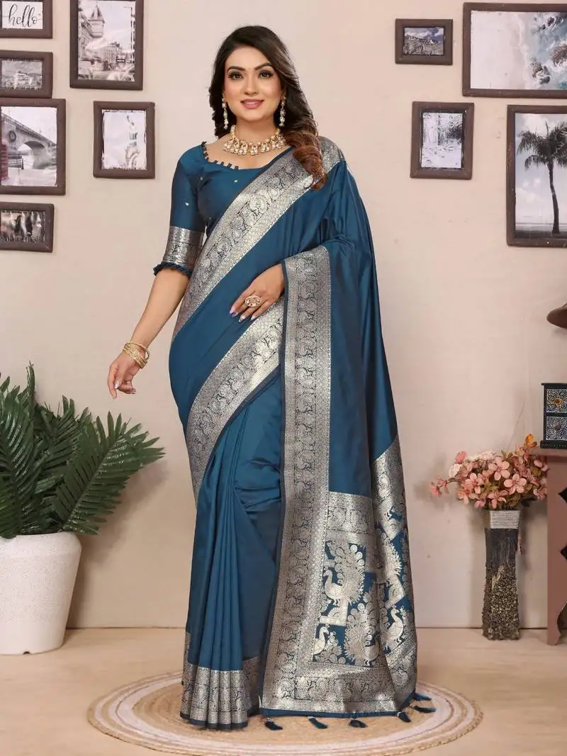 Aqua blue banarasi silk blend saree with weaving work