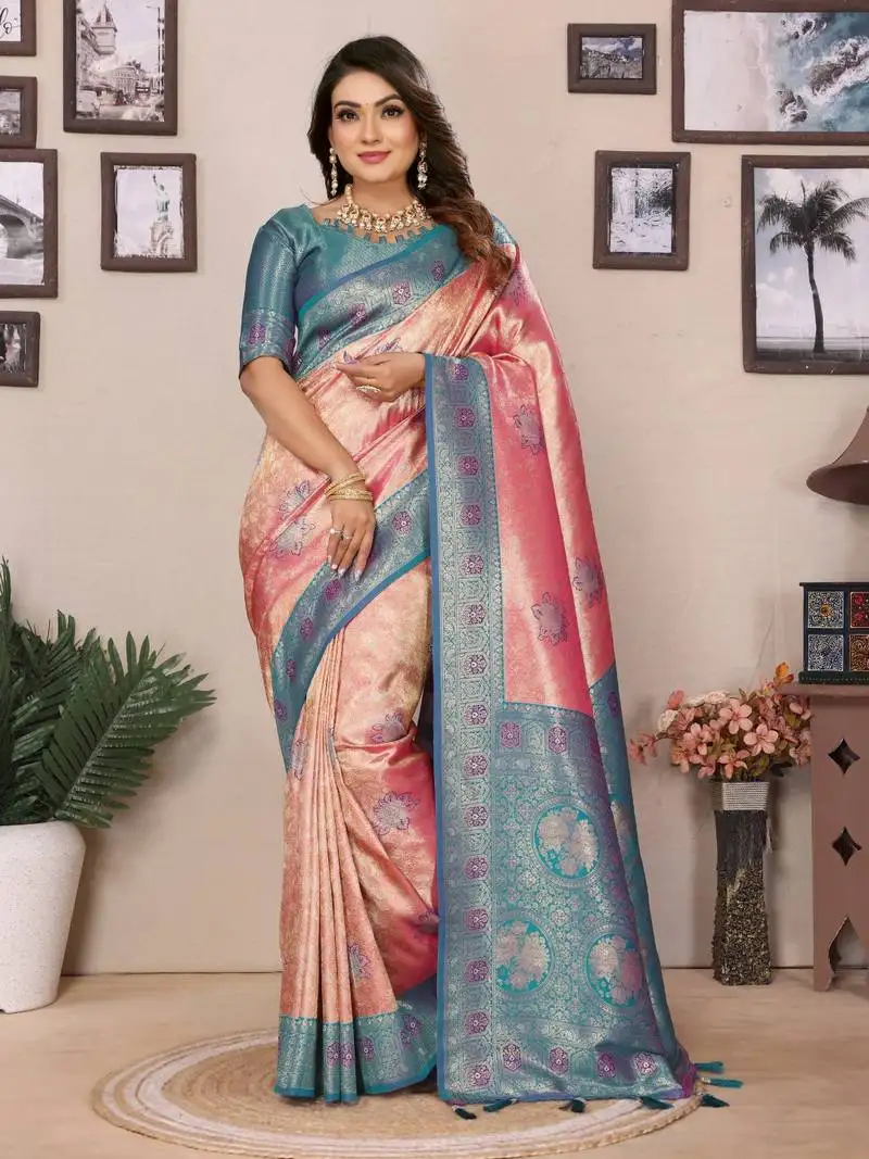 Aqua banarasi tissue silk blend saree with weaving work