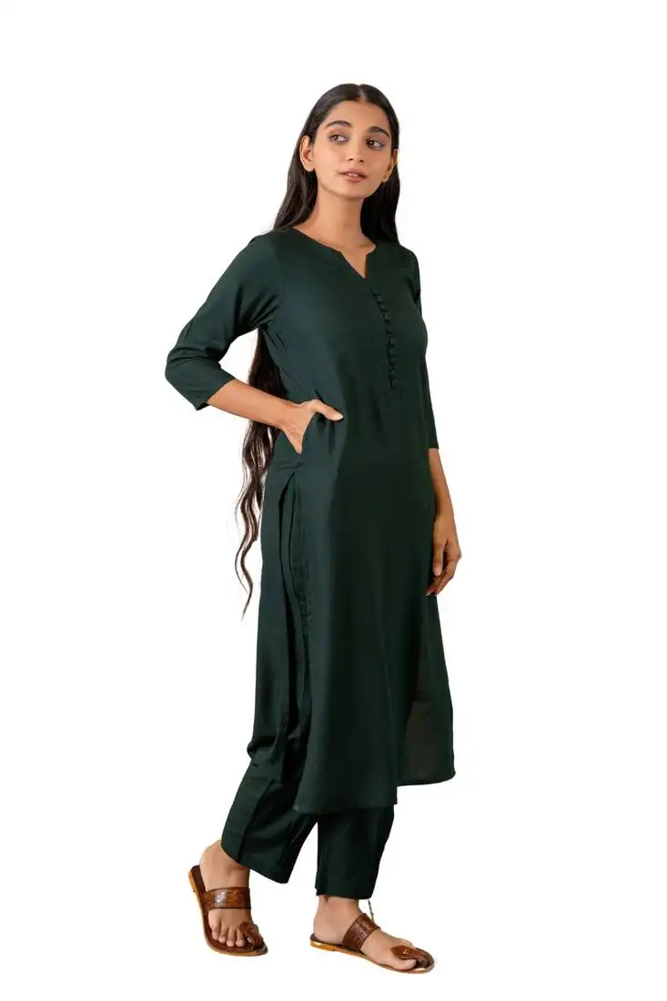 Green notched neck kurta set