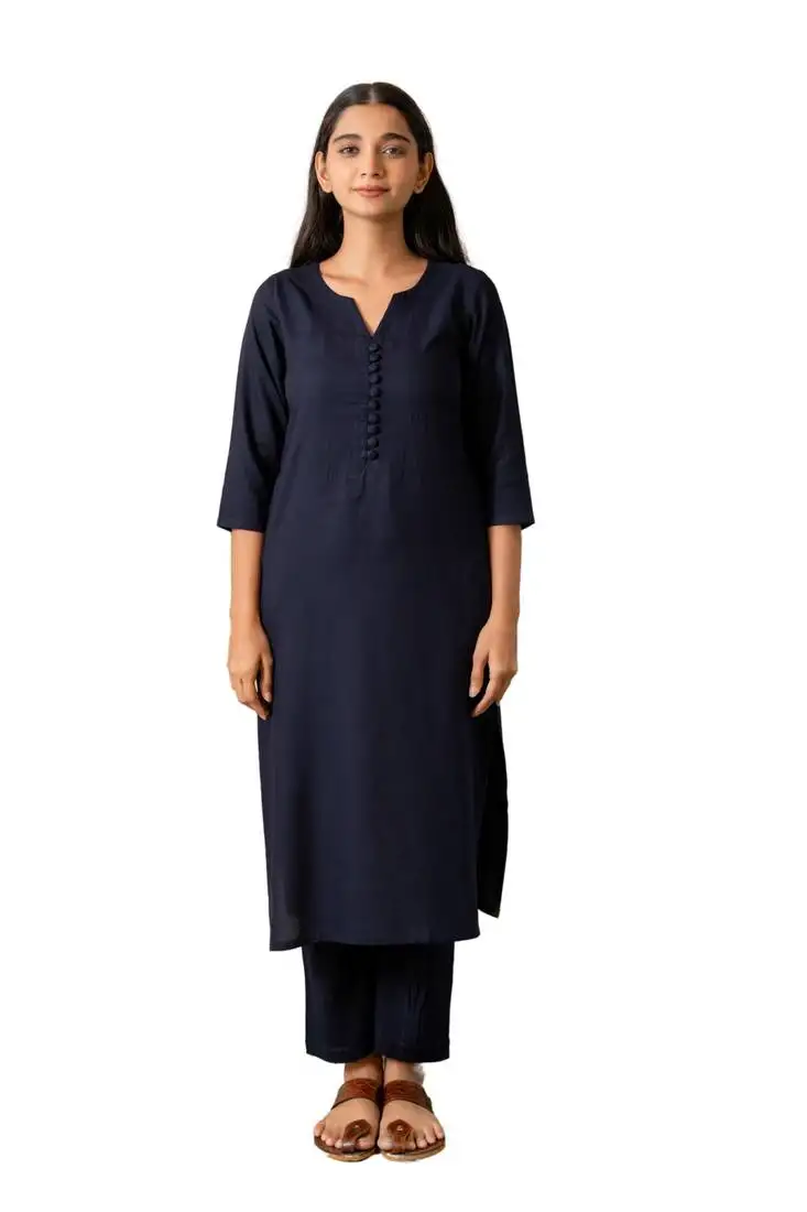 Navy blue notched neck with regular sleeve kurta set