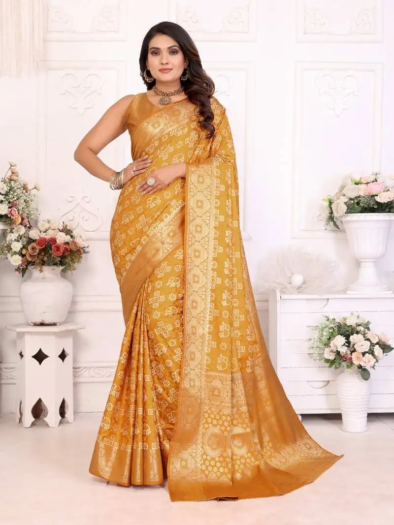 Yellow soft satin silk blend bandhej print saree with kanchi zari weaving border