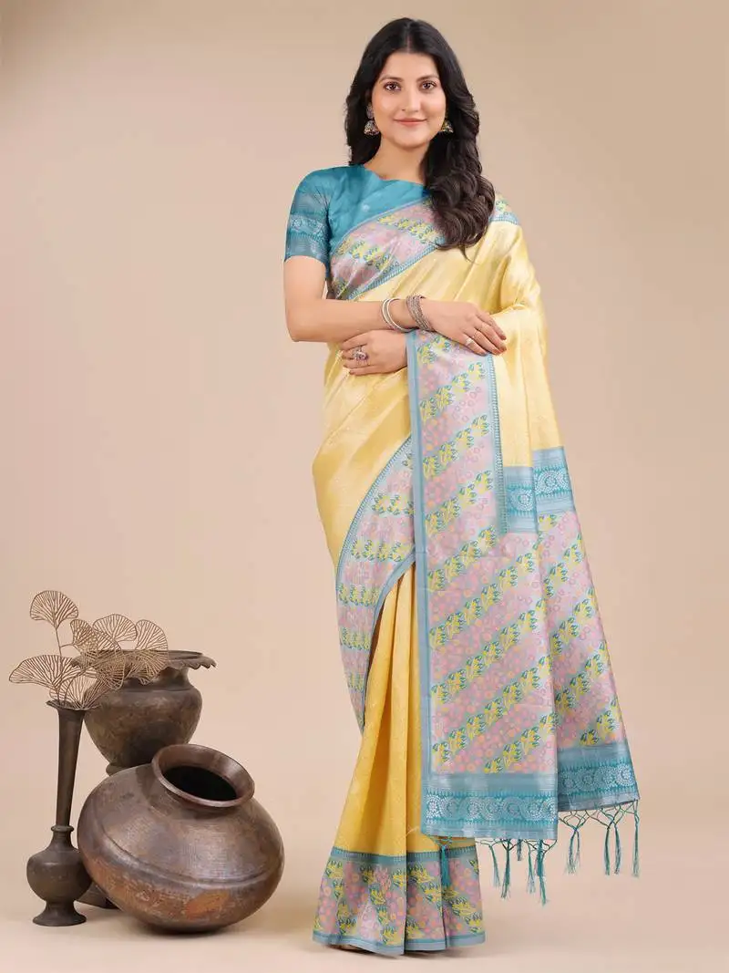 Yellow silk blend woven zari work tassel saree