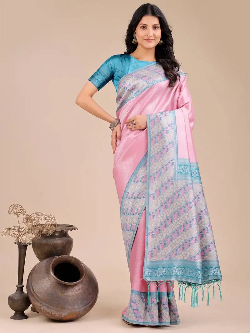Light pink silk blend woven zari work tassel saree