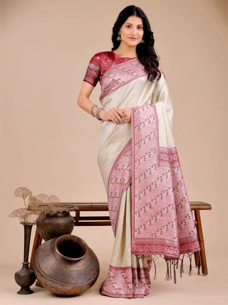 Cream silk blend woven zari work tassel saree