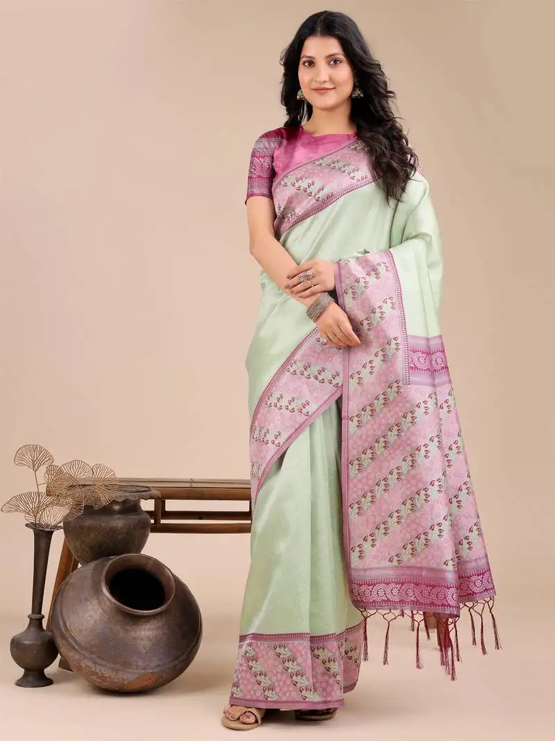 Light green silk blend woven zari work tassel saree