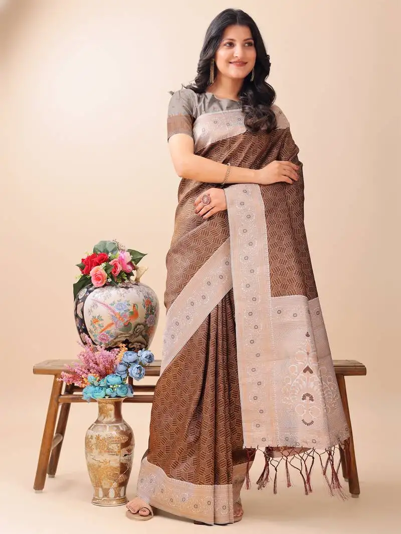 Brown lichi silk blend woven zari work tassel saree