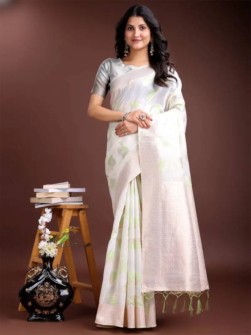 White & light green cotton woven zari work tassel saree