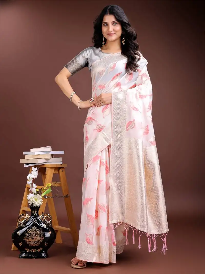 White & pink cotton woven zari work tassel saree
