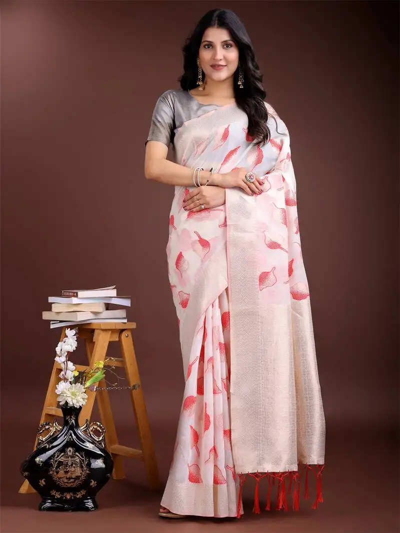 White & red cotton woven zari work tassel saree