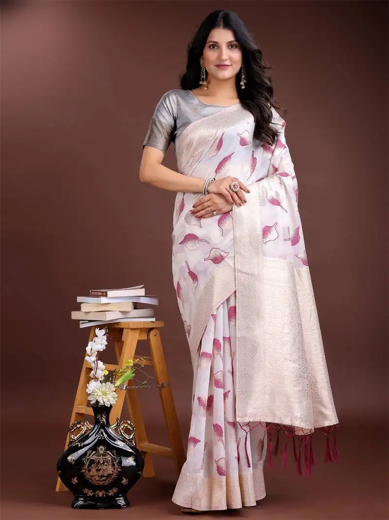 White & purple cotton woven zari work tassel saree
