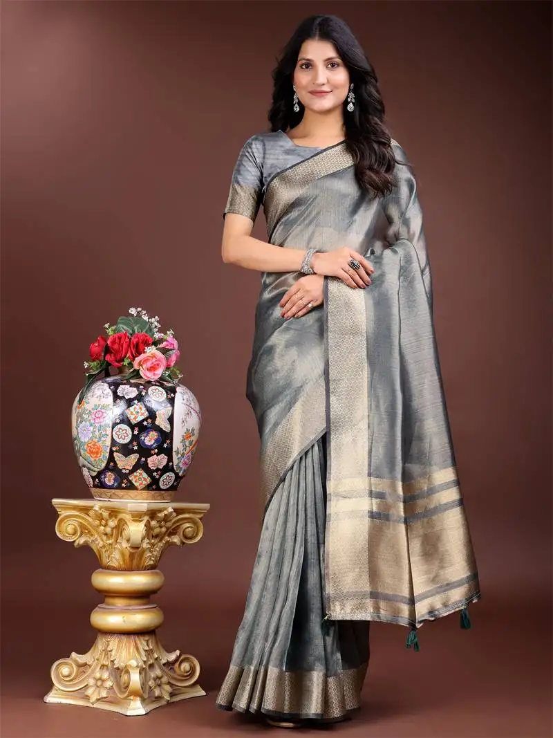 Silver organza woven zari work tassel saree