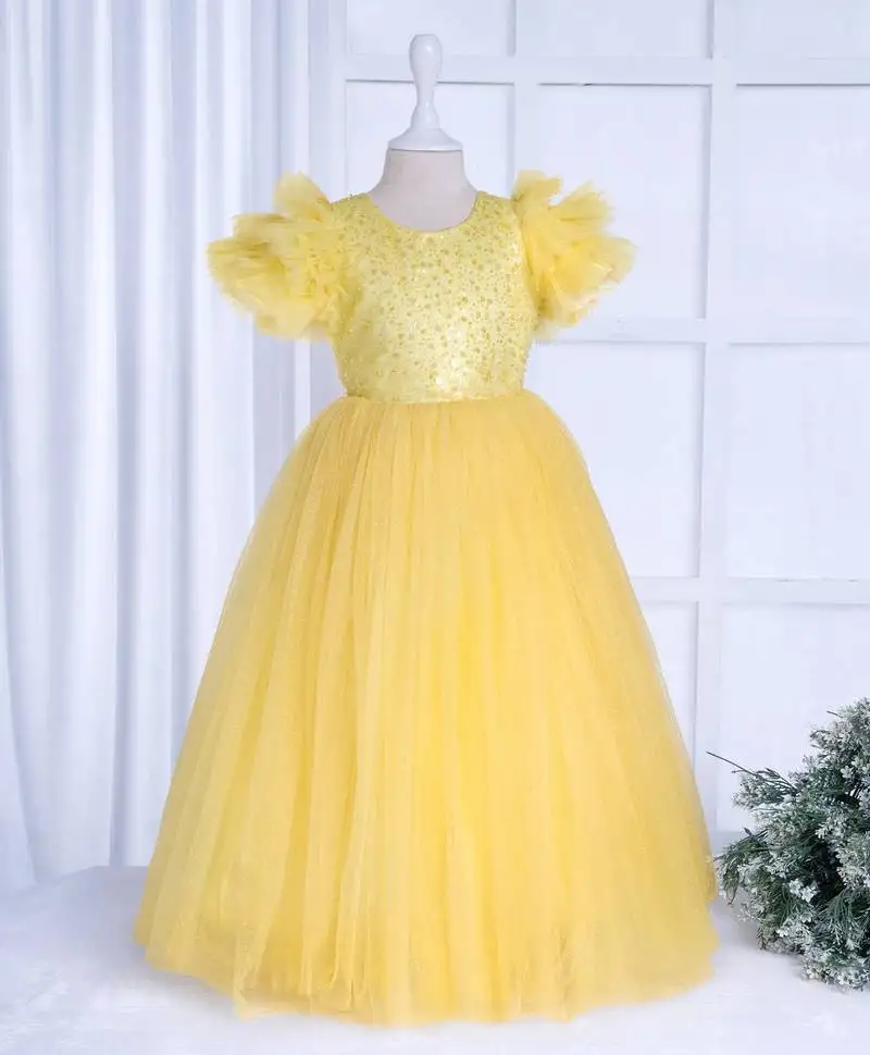 Lemon yellow sparkling net pearl embellish dress