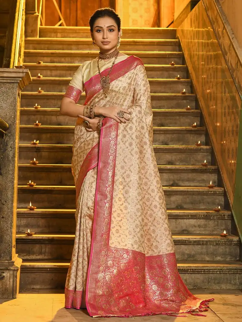 Pink banarasi silk woven zari work tassel saree