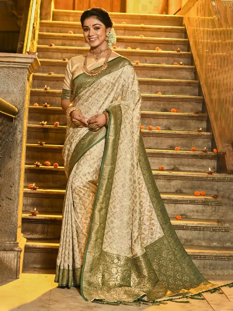 Dark green banarasi silk woven zari work tassel saree