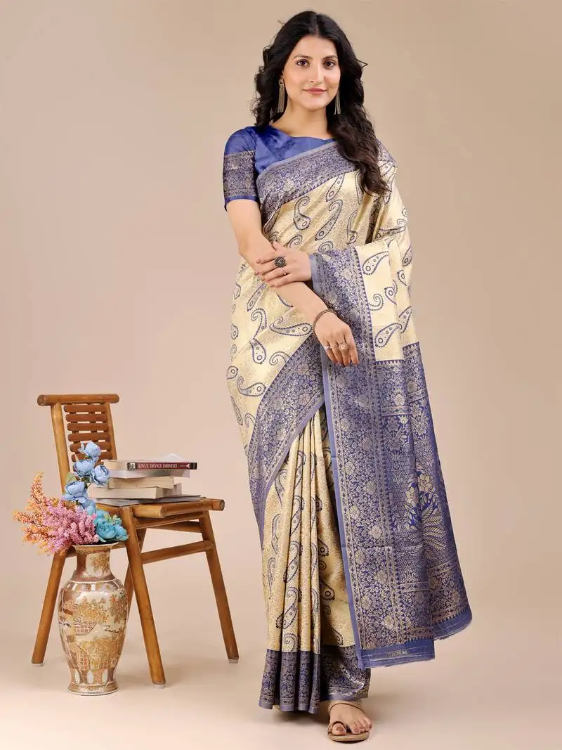 Cream & navy blue banarasi silk blend woven zari work tassel saree