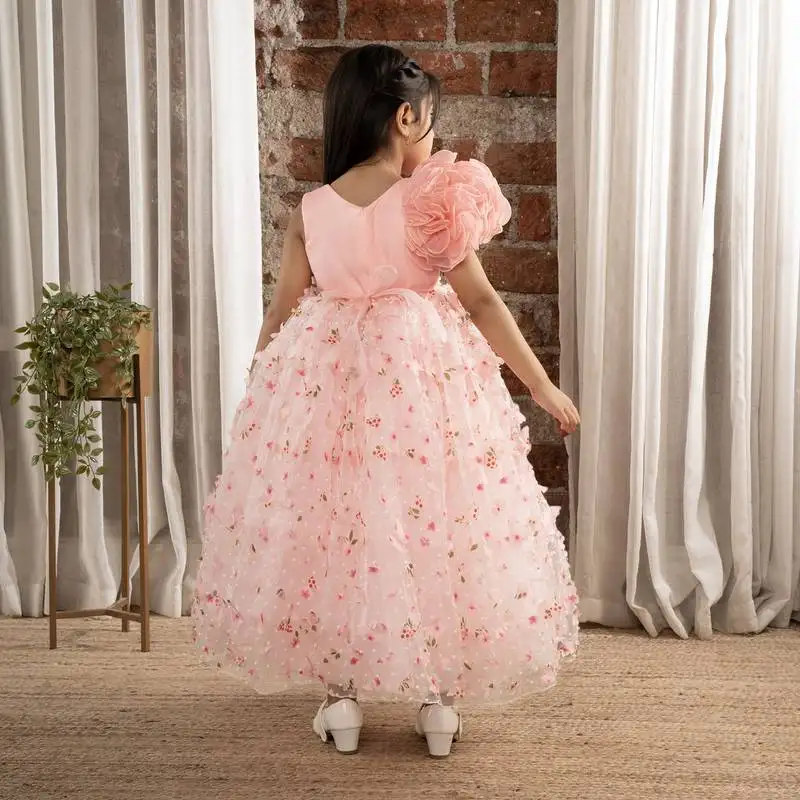 Peach 3d flowers butterflies net one shoulder dress