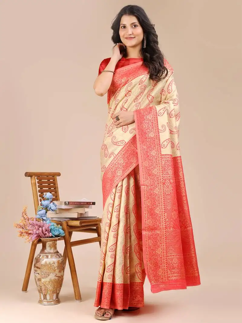 Cream & red banarasi silk blend woven zari work tassel saree