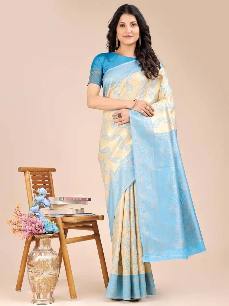 Cream & sky blue banarasi silk blend woven zari work tassel saree